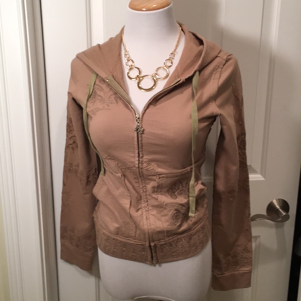 Y2K Boho Tan Zip-Up Hoodie Jacket with Green Drawstrings